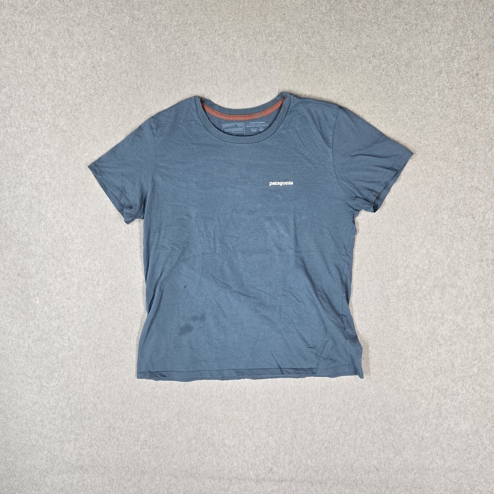 Patagonia Women Shirt M Blue Graphic Logo Short Sleeve Organic Cotton